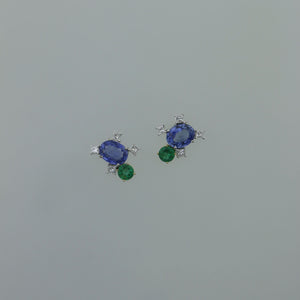 Ceylon Sapphire and Zambian Emerald Fragment Earrings with Princess Cut Diamonds
