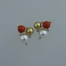 Load image into Gallery viewer, Coral, Golden and White South Sea Pearl Deco Trio Earrings
