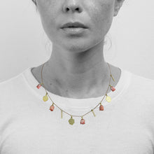 Load image into Gallery viewer, Coral Flower, Diamond Bar and Hammered Gold Charm Necklace
