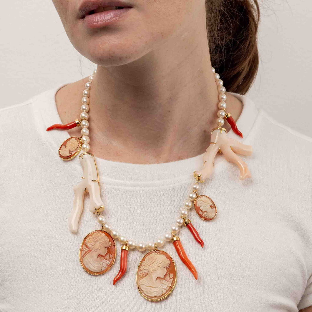 Angel Skin Coral and Shell Cameo Assemblage Necklace