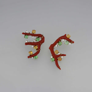 Mismatched Branch Earrings with Tsavorite and Spessartite Cabochons