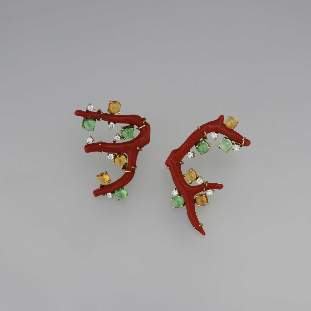 Mismatched Branch Earrings with Tsavorite and Spessartite Cabochons