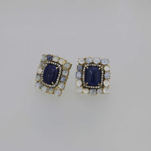 Lapis Lazuli and Pastel Colored Sapphire Cabochon Earrings in Gold with Cognac Diamond Pave