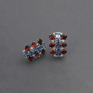 Red Spinel and Cornflower Blue Sapphire Earrings in White Gold