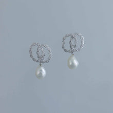 Load image into Gallery viewer, Deco Millgrain Knot Earrings with Keshi Pearl Danglers
