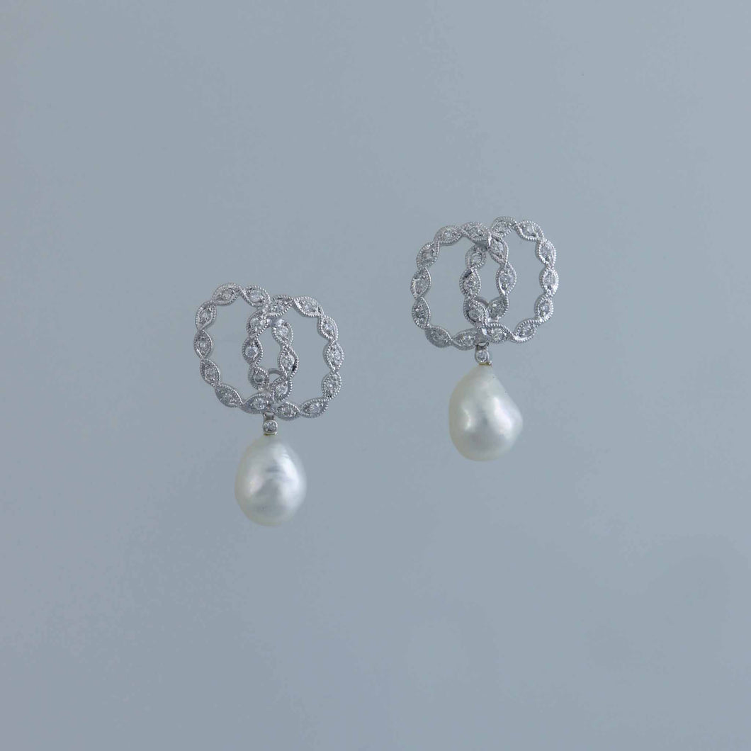 Deco Millgrain Knot Earrings with Keshi Pearl Danglers