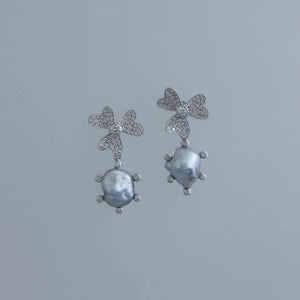 Diamond Pave Clover Earrings with Tahitian Keshi Drops
