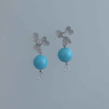 Load image into Gallery viewer, Clover Diamond Pave Earrings with Turquoise and Sapphire Drops
