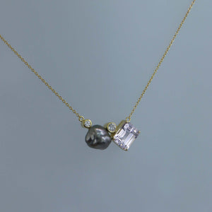 Tahitian Keshi and Emerald Cut Kunzite Zen Necklace