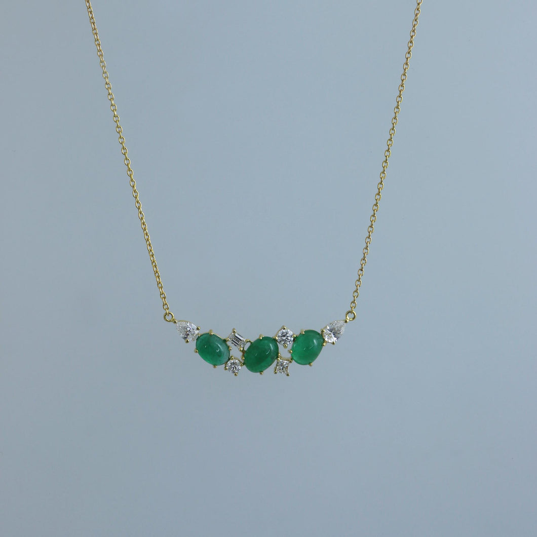 Zambian Emerald Cabochon and Diamond Fragment Necklace