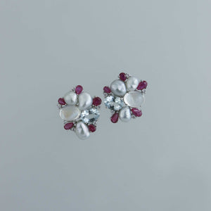 Moonstone, Burmese Ruby and Keshi Pearl Wreath Earrings