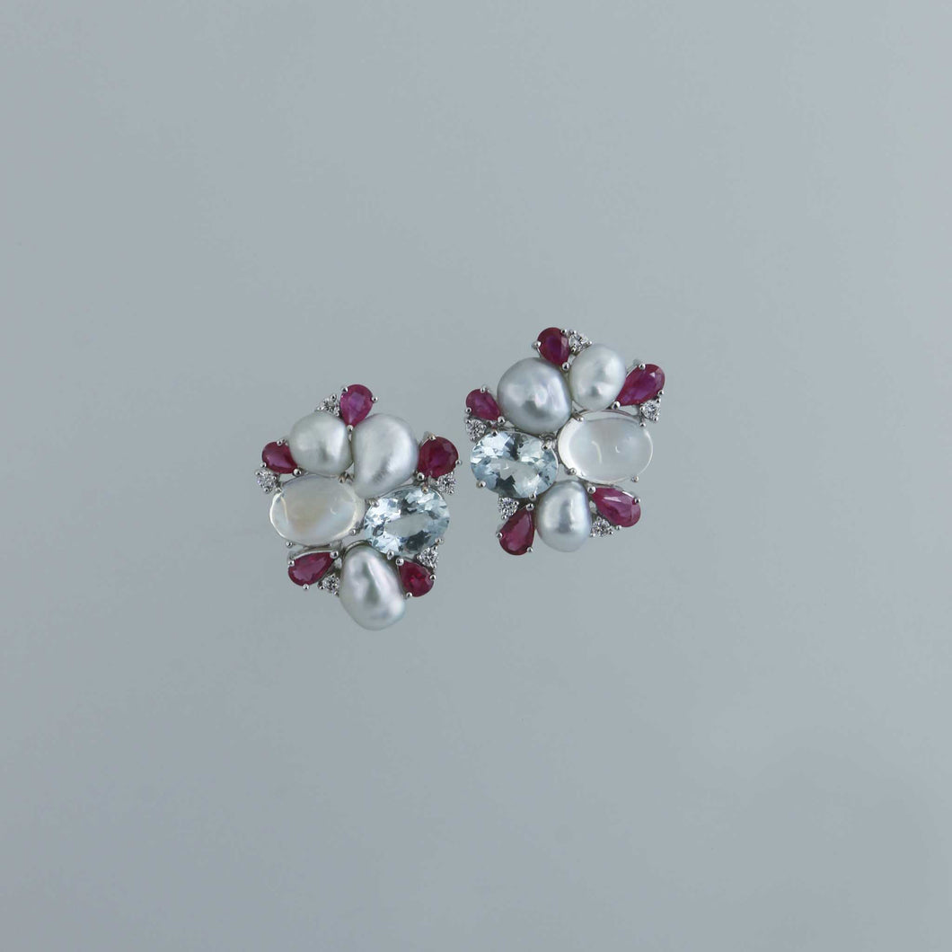 Moonstone, Burmese Ruby and Keshi Pearl Wreath Earrings
