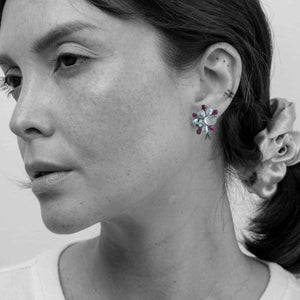 Moonstone, Burmese Ruby and Keshi Pearl Wreath Earrings