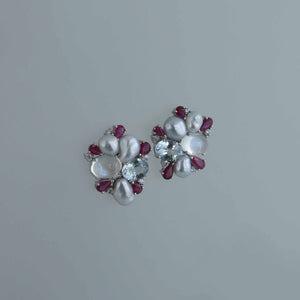 Moonstone, Burmese Ruby and Keshi Pearl Wreath Earrings