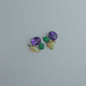 Mismatched Aquamarine, Opal and Zambian Emerald Wreath Earrings