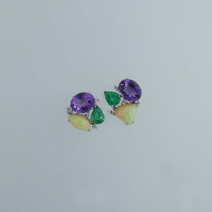 Mismatched Aquamarine, Opal and Zambian Emerald Wreath Earrings