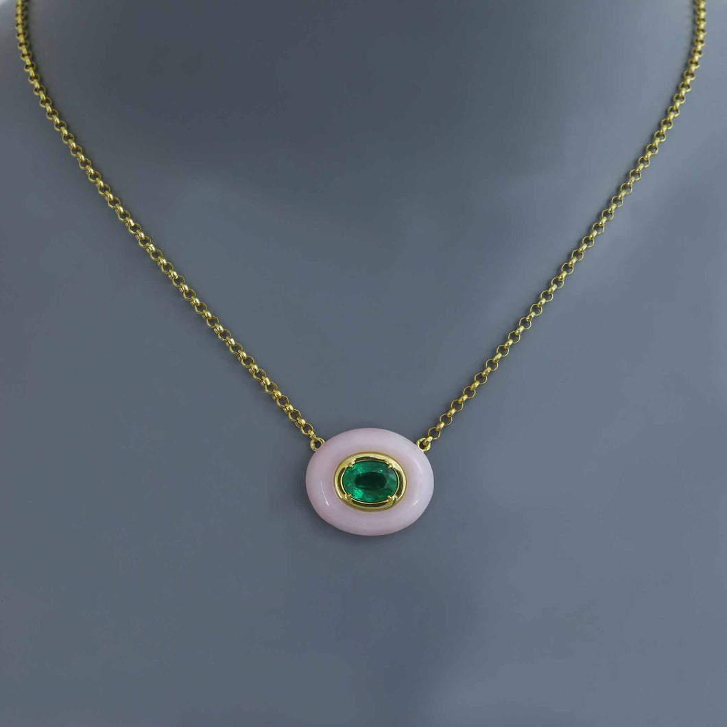 Zambian Emerald with Carved Pink Opal Frame Necklace