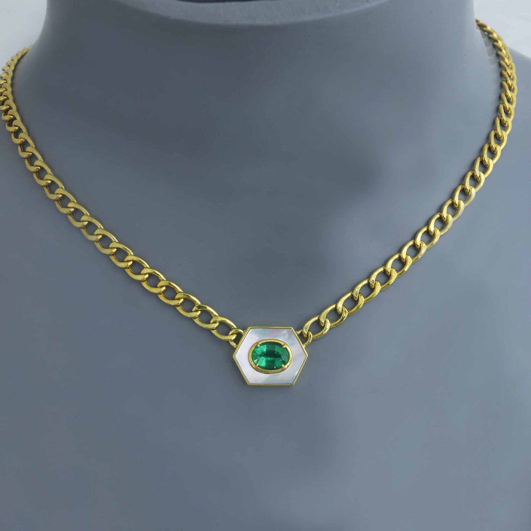 Zambian Emerald Mother of Pearl Hex Cuban Chain Necklace