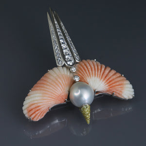 Deco Bird Tail Brooch with Coral Wings