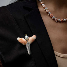 Load image into Gallery viewer, Deco Bird Tail Brooch with Coral Wings

