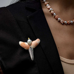 Deco Bird Tail Brooch with Coral Wings