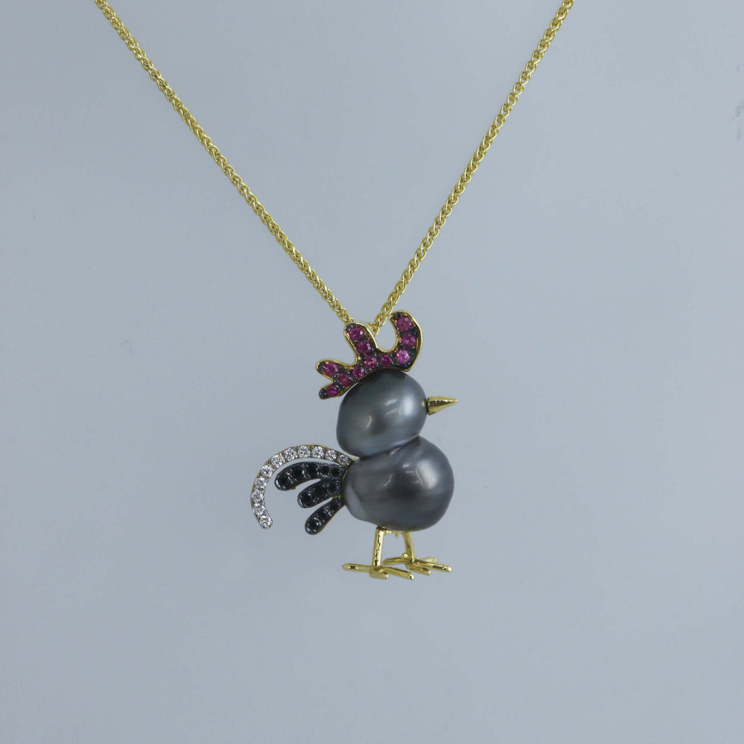 Tahitian Keshi Rooster Brooch Pendant