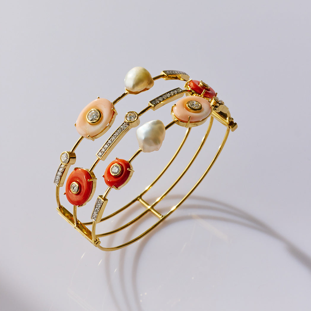 Coral, Keshi Pearl and Diamond Bangle
