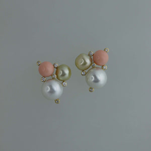 Angel Skin Coral, Champagne Keshi and South Sea Keshi Trio Earrings