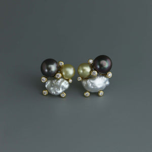 Champagne, White Keshi and Tahitian Pearl Trio Earrings