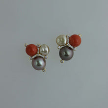Load image into Gallery viewer, Champagne Kesi, Sardinian Coral and Tahitian Pearl Trio Earrings
