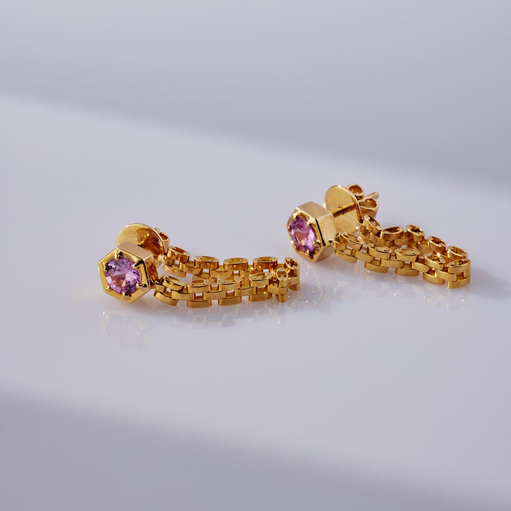 Pink Sapphire Hex Chain Drop Earrings