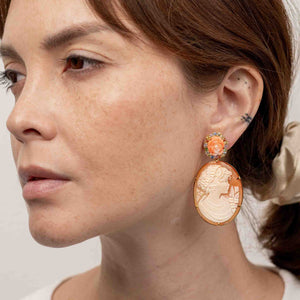 Large Cameo and Coral Flower Earrings with Multi Colored Sapphires