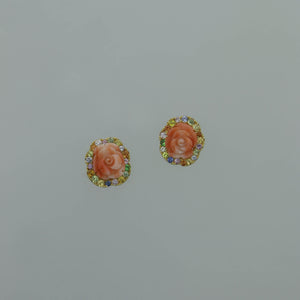 Large Cameo and Coral Flower Earrings with Multi Colored Sapphires