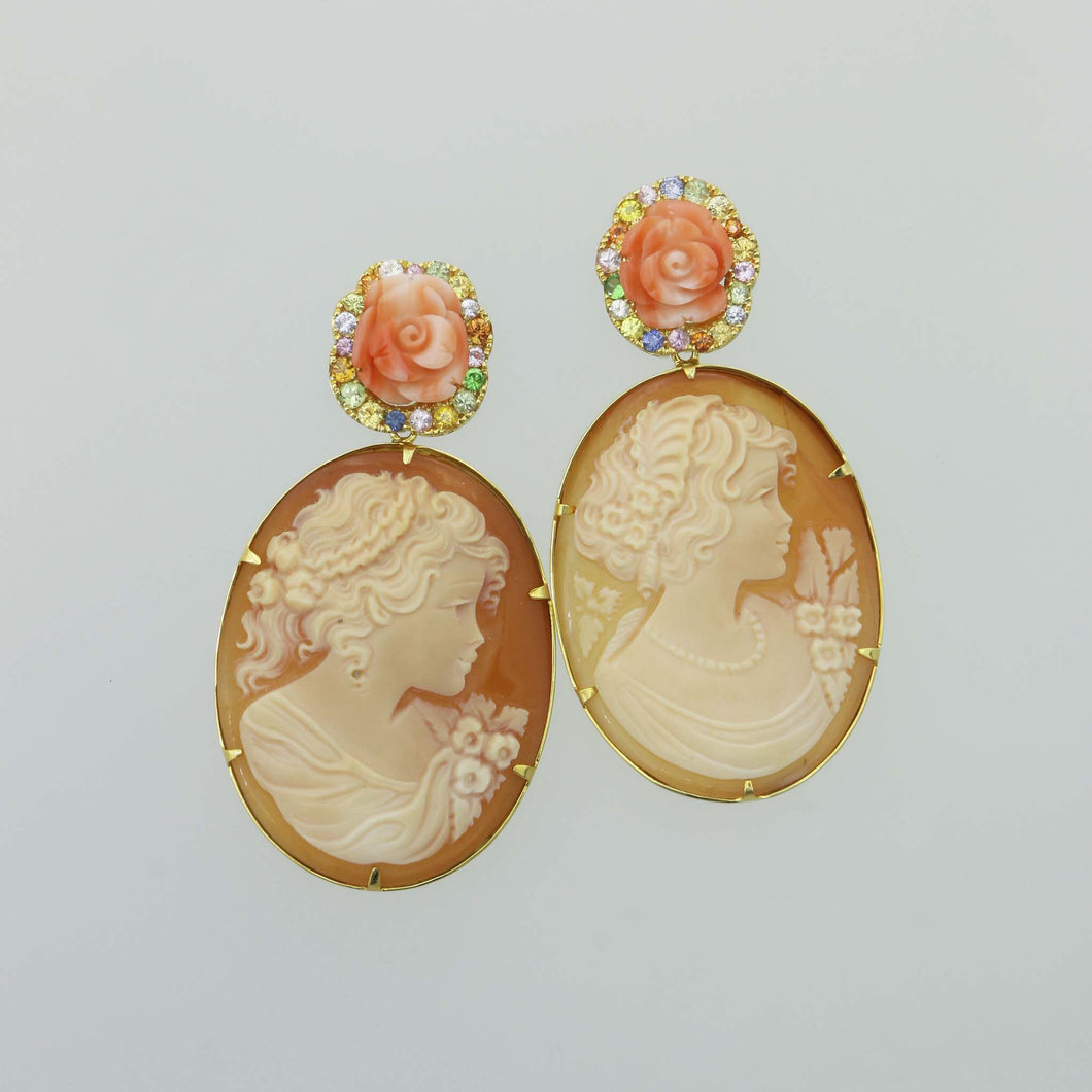 Large Cameo and Coral Flower Earrings with Multi Colored Sapphires