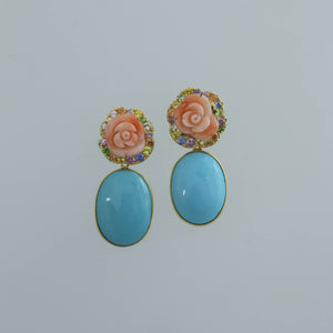 Coral Flower and Persian Turquoise Drop Earrings