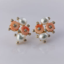 Load image into Gallery viewer, Coral and Keshi Diamond Satellite Earrings
