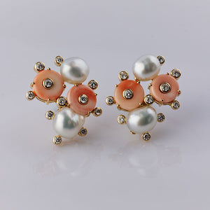 Coral and Keshi Diamond Satellite Earrings