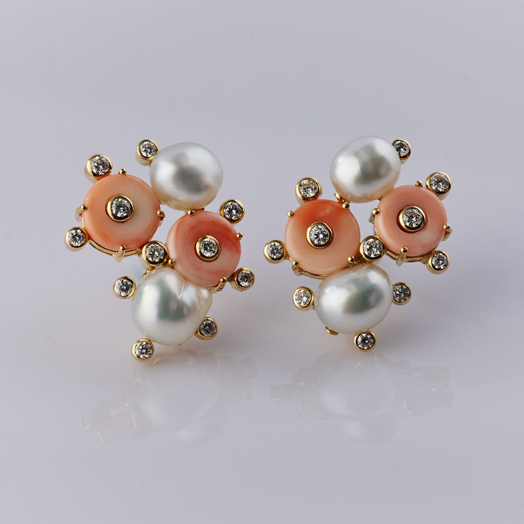 Coral and Keshi Diamond Satellite Earrings