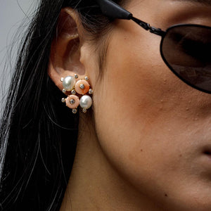 Coral and Keshi Diamond Satellite Earrings