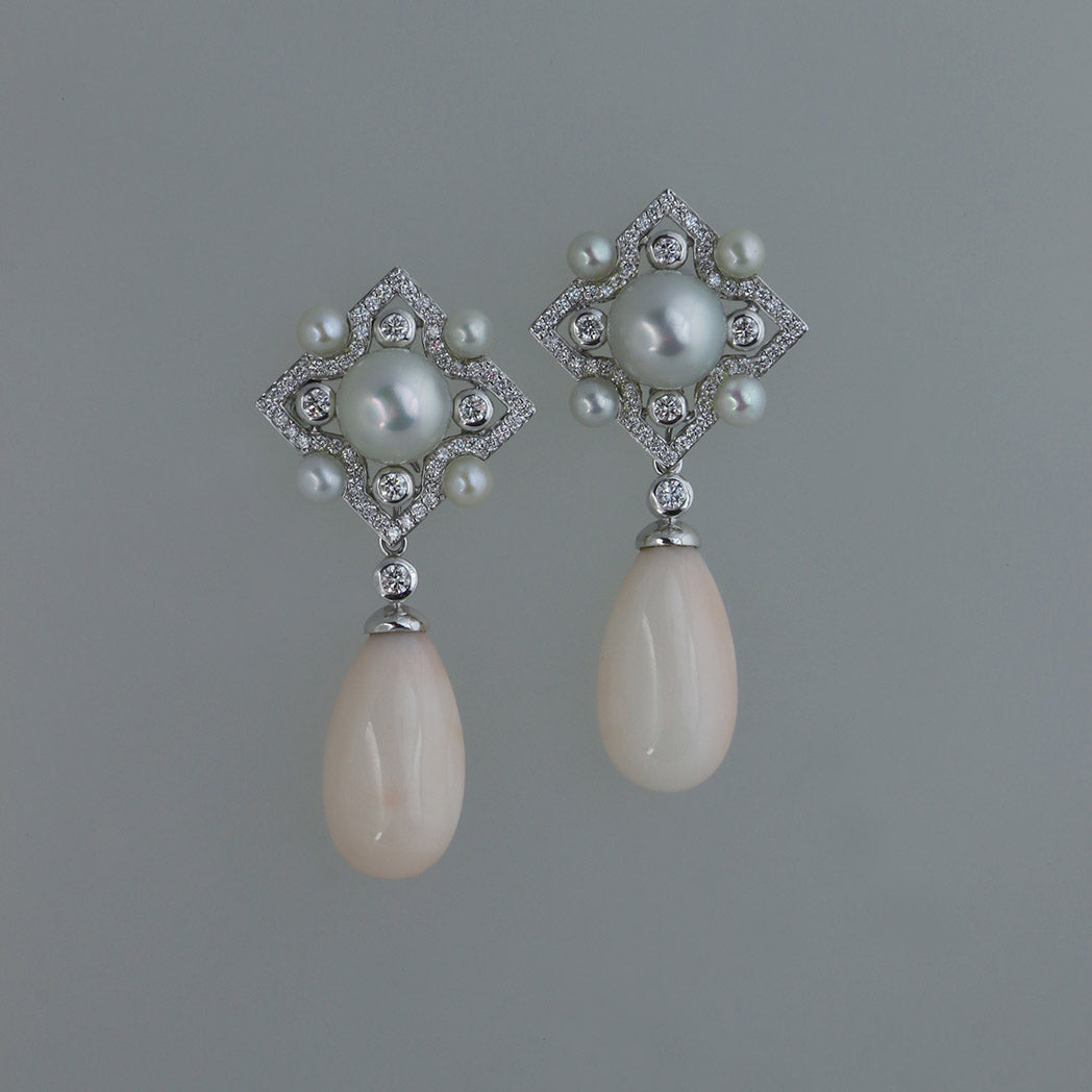 South Sea Pearl and Coral Deco Frame Drop Earrings