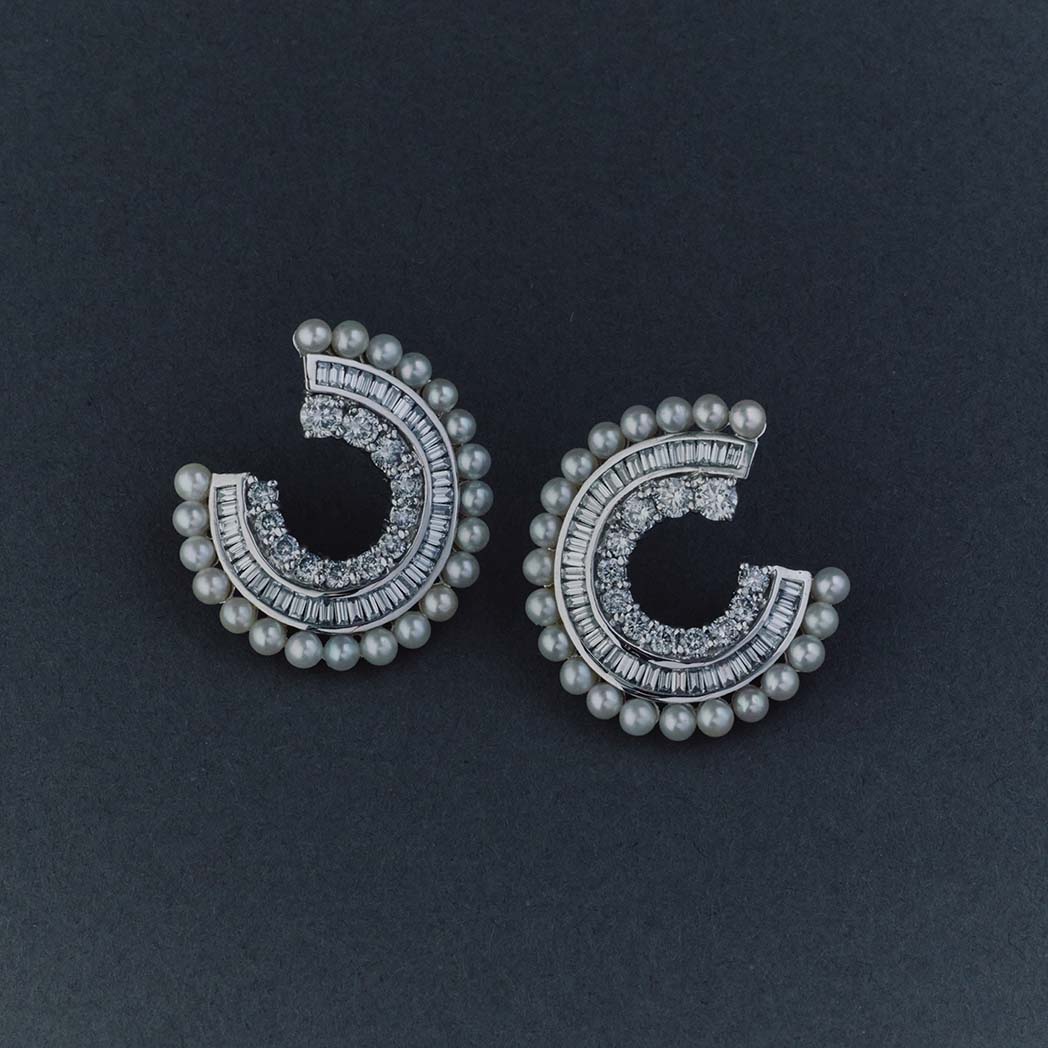 Diamond and Seed Pearl Crescent Earrings