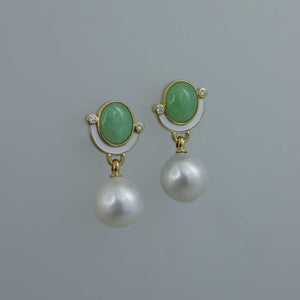 Jadeite and South Sea Pearl Drop Earrings with Mother of Pearl Inlay