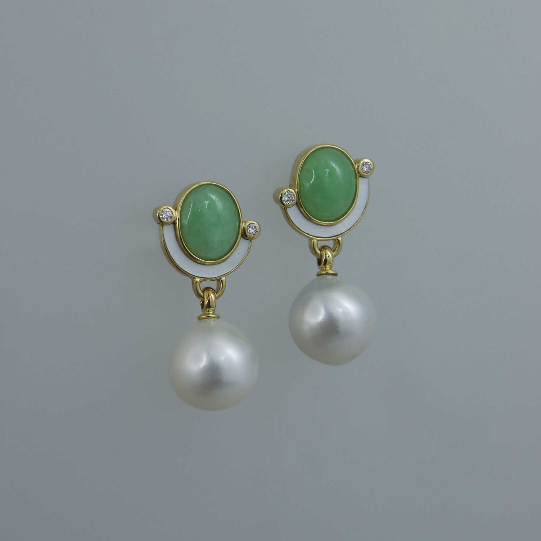 Jadeite and South Sea Pearl Drop Earrings with Mother of Pearl Inlay