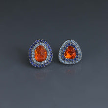 Load image into Gallery viewer, Mismatched Fire Opal, Sapphire and Aquamarine Concentric Earrings
