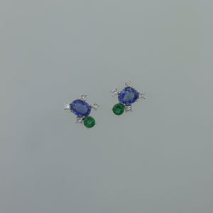 Ceylon Sapphire and Zambian Emerald Fragment Earrings with Princess Cut Diamonds