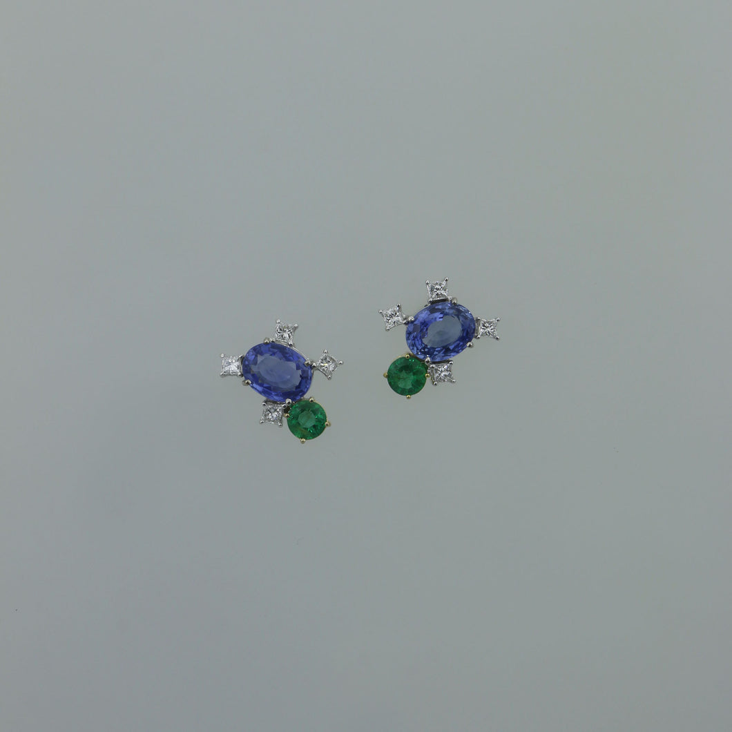 Ceylon Sapphire and Zambian Emerald Fragment Earrings with Princess Cut Diamonds