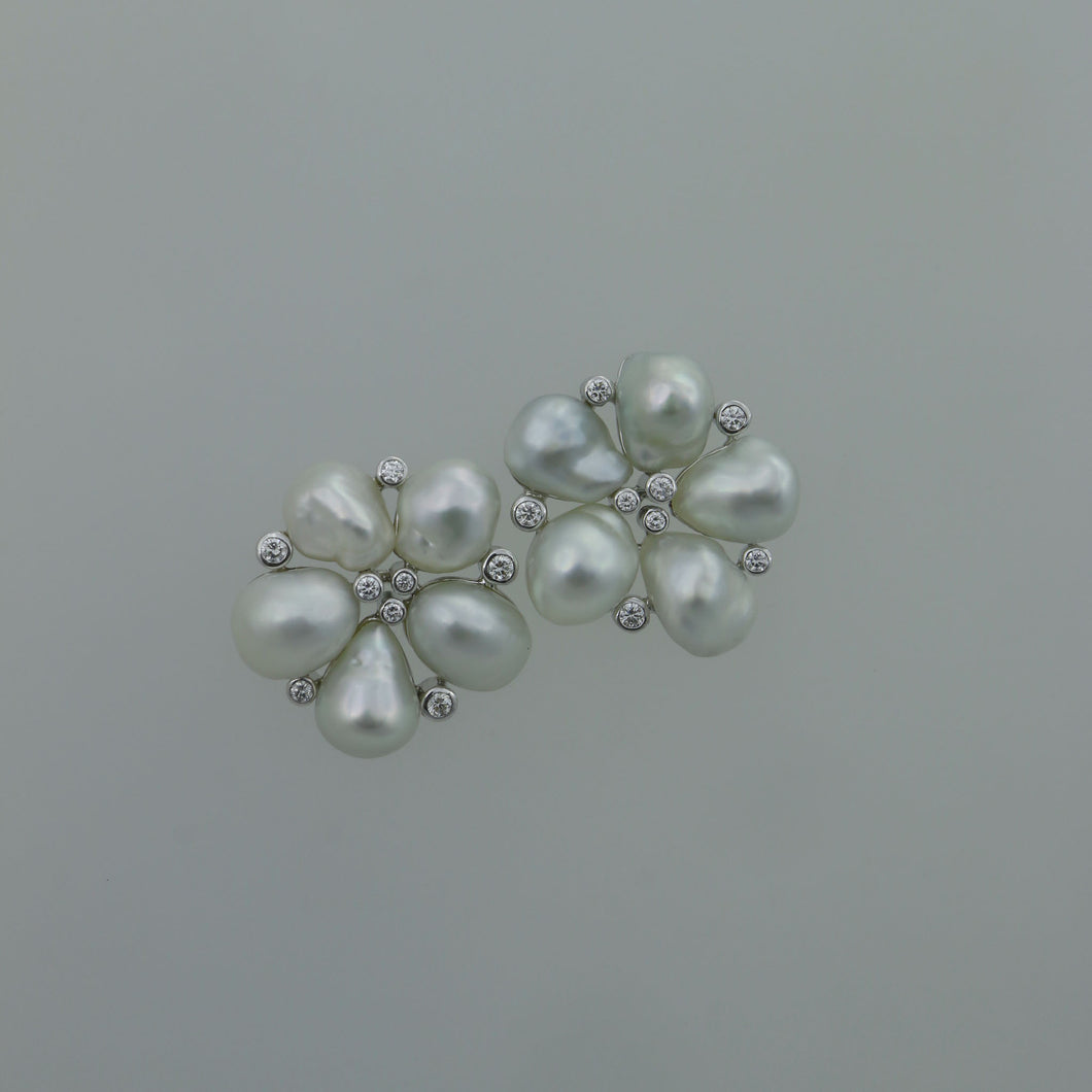 Stunning White Baroque Keshi Flower and Diamond Earrings V2