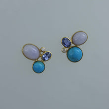 Load image into Gallery viewer, Mismatched Lavender Jadeite, Ceylon Sapphire and Persian Turquoise Zen Earrings
