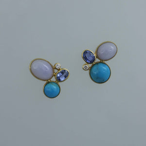 Mismatched Lavender Jadeite, Ceylon Sapphire and Persian Turquoise Zen Earrings