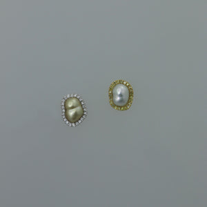 Mismatched Champagne and White Keshi Pearl Diamond Halo Stud Earrings